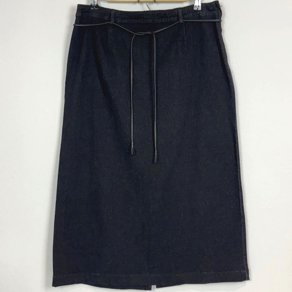 Susan Bristol Black Denim Midi Skirt Removable Vegan Leather Belt 14